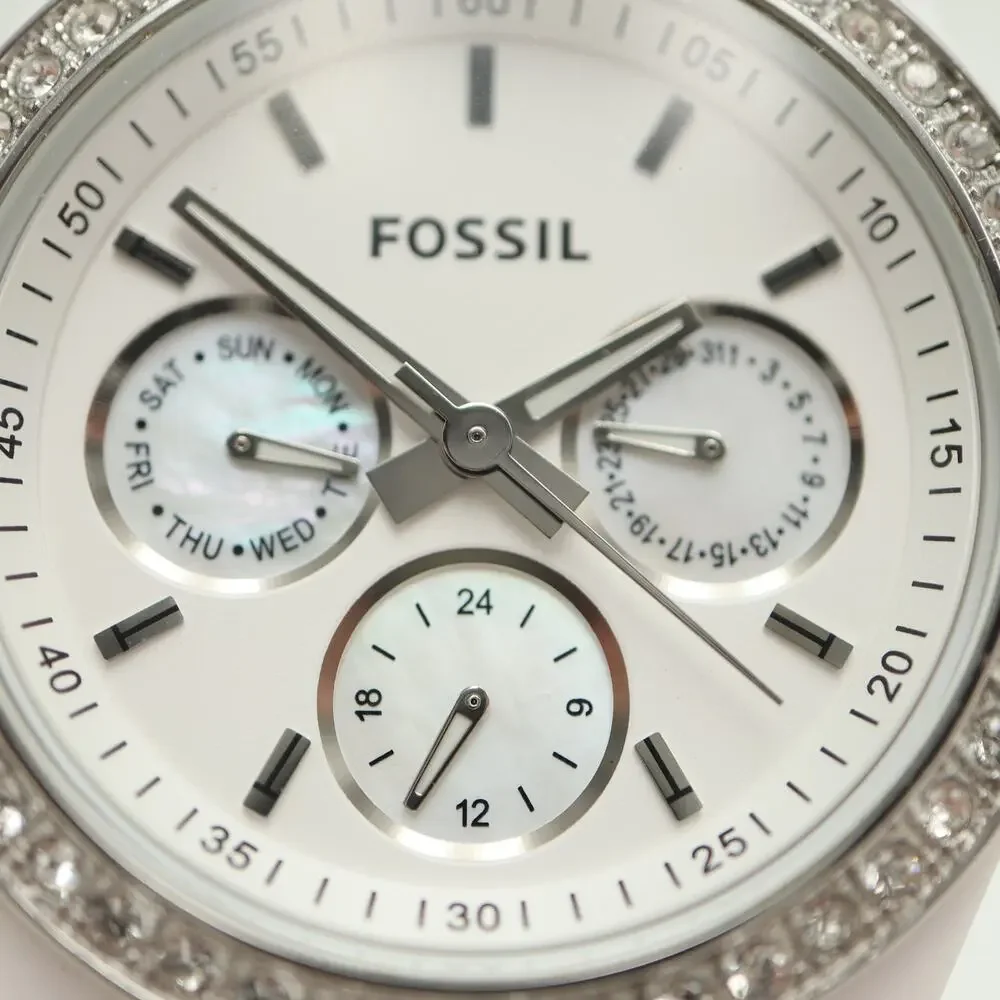 Fossil Stella Watch Women 38mm MOP White Acrylic Day Date Jewel Bezel ES1967